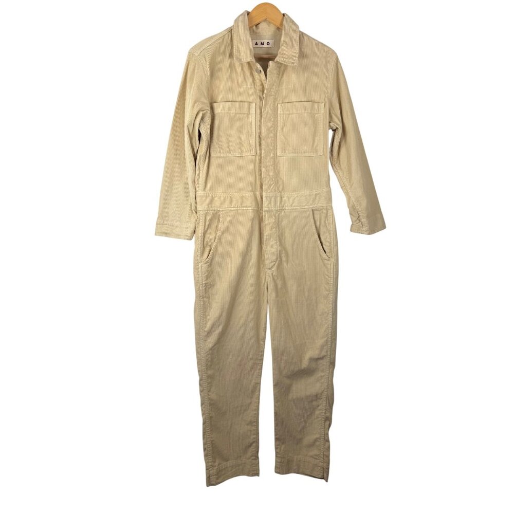 AMO Vintage Stretch Corduroy Button Up‎ Skip Jumpsuit bare cream sz M